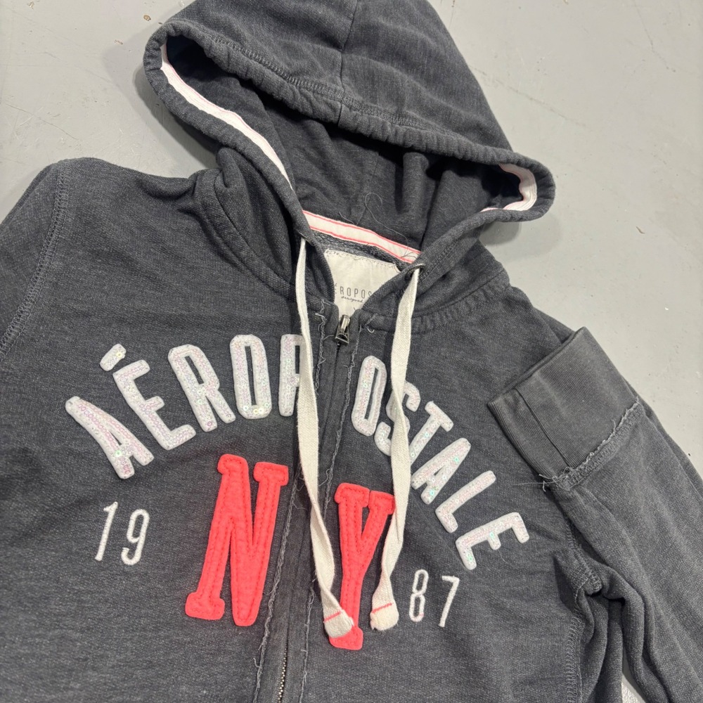 Aeropostale Womens Full Zip Hoodie Gray Sequin NY 1987 Logo Sweatshirt Small